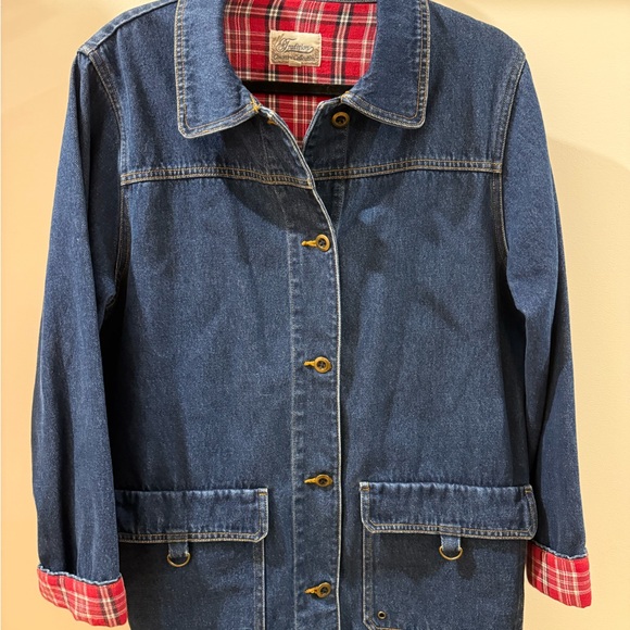 Jackets & Blazers - Vintage Women's Blue Denim Jacket with Red Plaid Lining